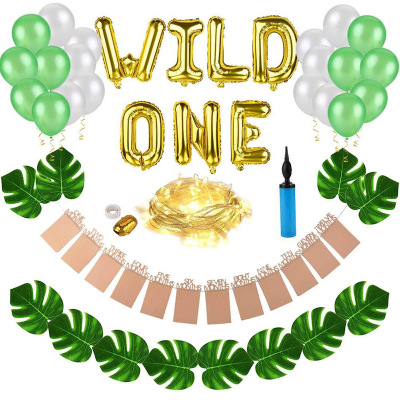 Wild One-Year-Old Birthday Decoration Foil Balloon Ribbon Palm Leaf for Boys and Girls Birthday Party Supplies