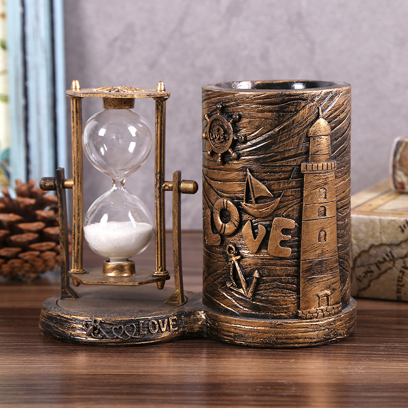 新款创意复古圆筒沙漏摆件现代家居书房木质摆座沙漏摆饰批发