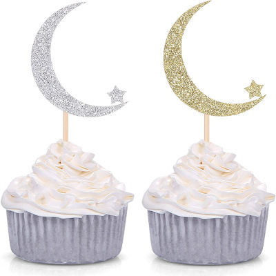 Cross-Border Eid Moon Church Cake Decorative Flag Glitter Paper Baking Cake Inserting Card Islam Dessert Decoration