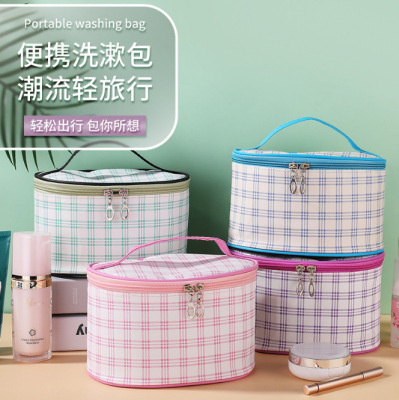 New Simple Plaid Cylinder Cosmetic Bag Fresh Pastoral Style Storage Bag Large Capacity Penholder Leather PU Wash Bag