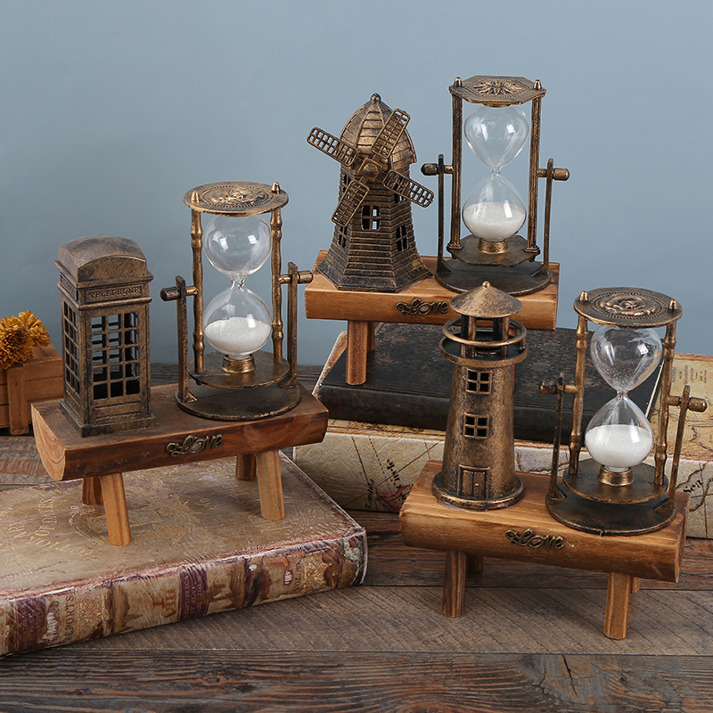 工艺品创意复古灯塔沙漏摆件欧式家居桌面书房装饰木质底座