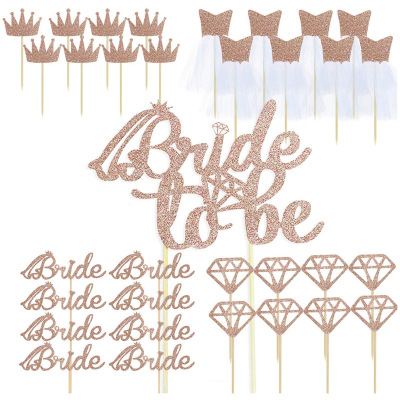 Cross-Border Rose Gold Bride Diamond Crown Dress Cake Toothpick Decorative Flag Wedding Bachelor Party Baking Decoration