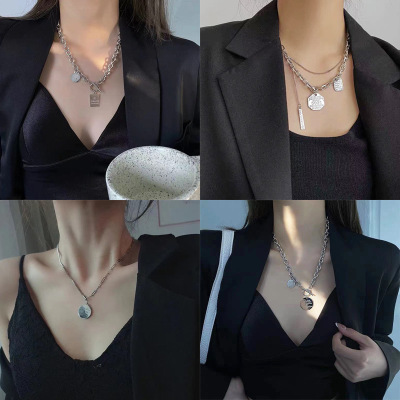 European and American Ins Retro Aloofness Style Titanium Steel Necklace Female Personality Multi-Layer Stainless Steel Clavicle Chain Internet Celebrity Simple Jewelry