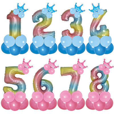 Amazon 32-Inch Gradient Digital Balloon Set Crown Aluminum Balloon Baby Full-Year Birthday Party Decoration
