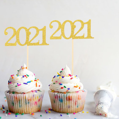 1 Set 12 PCs 2021 Digital Toothpick Cake Decorative Flag New Year Party Holiday Decoration Cake Inserting Card