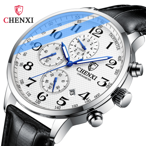 chenxi brand large digital dial multi-function sports watch men‘s leather waterproof luminous calendar quartz watch