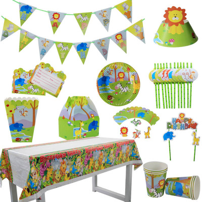 Spot Cross-Border Paper Pallet Paper Cup Popcorn Box Hanging Flag Tablecloth Jungle Animal Ranch Birthday Party Disposable Meal