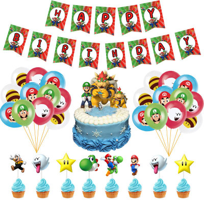 New Cartoon Mario Theme Rubber Balloons Package Mario Super Mary Hanging Flag Birthday Party Decoration