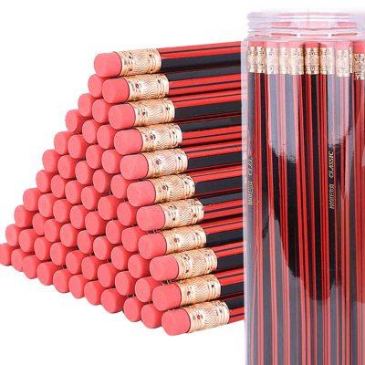Wholesale Drawing Sketch Pencil Red Rod Cover Film Pupils' Stationery School Supplies with Eraser Hexagonal HB Pencil