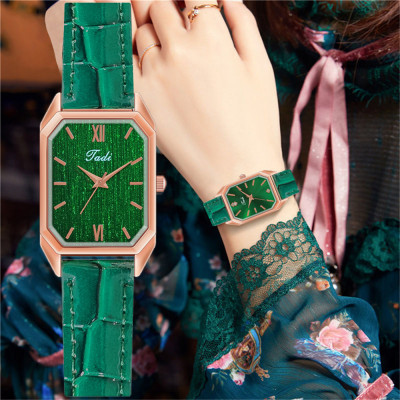 Retro Artistic Bamboo Belt Watch Internet Celebrity Square Korean Style Quartz Watch Bracelet Combination Set Women 'S Watch