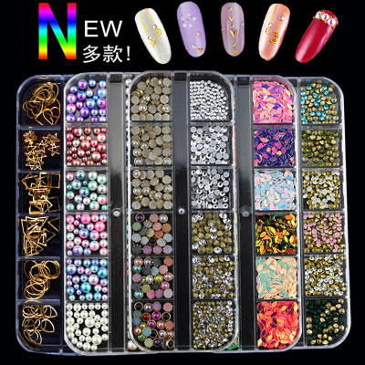 Cross-Border New Arrival Nail Ornament 12 Grid Boxed Hollow-out Rivets Pearl Diamond Jewelry Horse Eye Nail Sequins Full Set