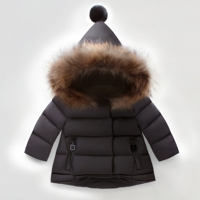 Cross-Border Children's Clothing Foreign Trade Winter Cotton Dress New Korean Style Small and Medium Boys and Girls Real Fur Collar Hand Plug Cotton-Padded Coat