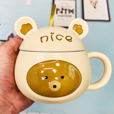 Cross-Border New Product Creative Cute Bear Cartoon Mug Men's and Women's Student Cup Ceramic Three-Dimensional Cover Household Drinking Cups