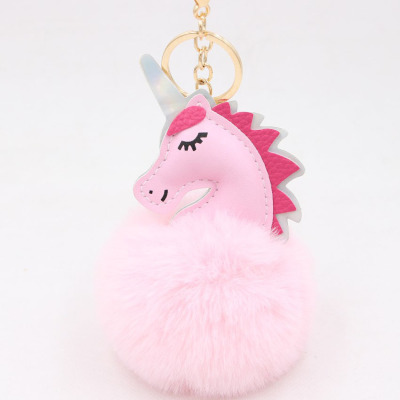 Hot Selling Pink Cute Unicorn Fur Ball Keychain Crane Machine Plush Car Key Ring Accessories Handbag Pendant