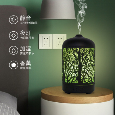 Hollow Iron Buck Tooth Woods Ultrasonic Atomization Essential Oil Aroma Diffuser Seven-Color Night Light Humidifier