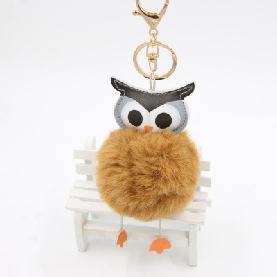 Original Golden Owl Fur Ball Keychain Simulation Fur Rex Rabbit Bag Cute Lady Car Leather Hanger