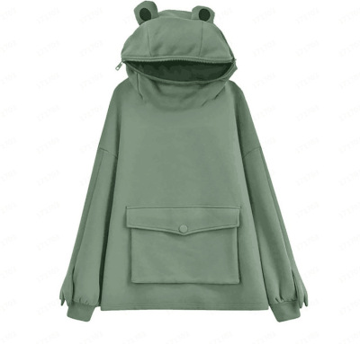 New Chic Brushed Hoody Women's Mid-Length Design Super Cute Frog Hooded Idle Style Hoody