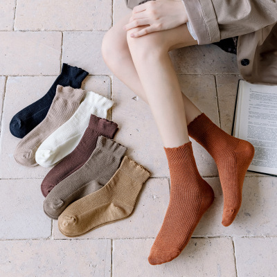 SocksAutumn and Winter New Socks Double Needle Ruffled Female Cotton Middle Tube Socks Stall Korean Fashion Online Red 