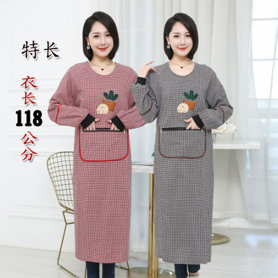 New Lengthened Overclothes Screw Type Sleeved Apron Embroidered Plaid Household Cleaning Kitchen Work Clothes Unisex