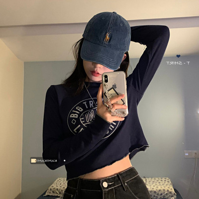 Black Long-Sleeved T-shirt Women's Short 2021 Autumn New Slim Fit Midriff-Baring Printed T-shirt Inner Bottoming Shirt Top