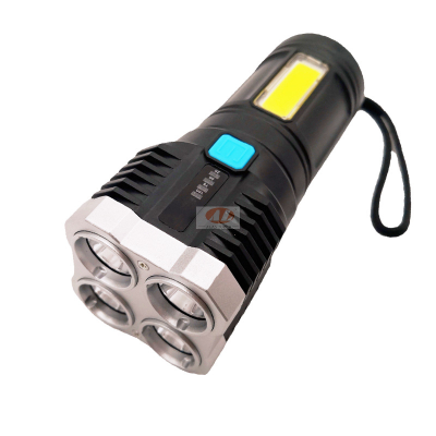 Cross-Border 2021 New Four-Head Strong Light Flashlight USB Charging Portable Flashlight Tube with Cob Sidelight Spotlight Long Shot