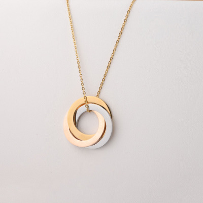 Stainless Steel Three-Ring Three-Color Winding Gold Necklace Mirror Finishing Polish Ring Three-Color Necklace Couple Necklace