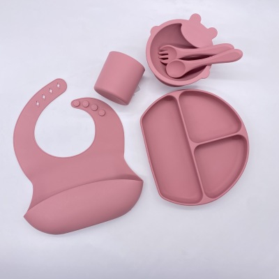 Factory Direct Supply Baby Eating Tableware Set Silicone Products Baby Bib Spoon Bowl Mother and Baby Supplies