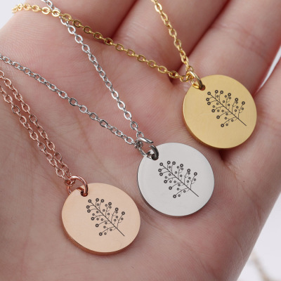 2021 Foreign Trade New Personalized Simple Necklace Pendant DIY Stainless Steel Wafer Can Carve Writing Big Tree Pattern Pendant