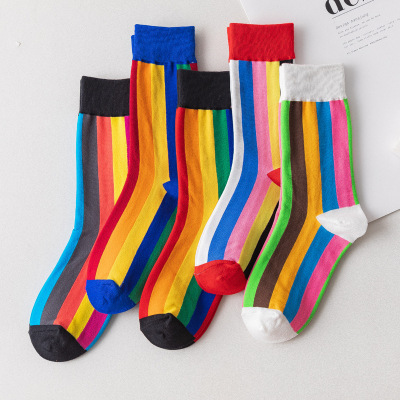 Rainbow Mid-High Socks Women's Trendy Socks Ins Autumn and Winter Contrast Color Color Stripes Couple Stockings Candy Socks One Piece Dropshipping