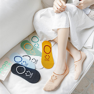 Socks Women's Spring Summer Boat Socks Cotton Silicone Tight Socks Trendy Thin Smiley Face Lace Shallow Mouth Anti-Slip Invisible Socks