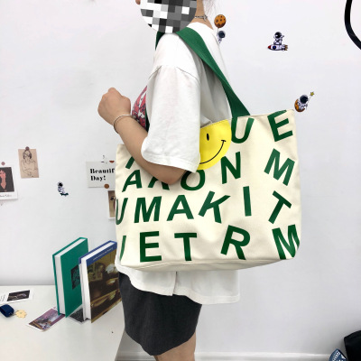 2021 New Women's Bag Korean Dongdaemun Cartoon Casual Letter Smiley Face Canvas Bag Hand Shoulder Bag Tote Bag