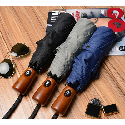 Umbrella Tri-Fold Self-Folding Umbrella 8-Bone Wooden Handle Leather Handle Umbrella Foreign Trade Advertising Umbrella