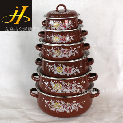 Foreign Trade Export Enamel Binaural Stew Pot 6-Piece Coffee Color Traditional Chinese Medicine Boiled Enamel Bowl Enamel Ware Series 676d