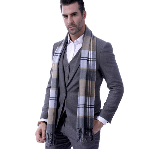 New Cashmere-like Men‘s Plaid Scarf Cross-Border Men‘s Korean-Style Tassel Thickened Warm Scarf Gift