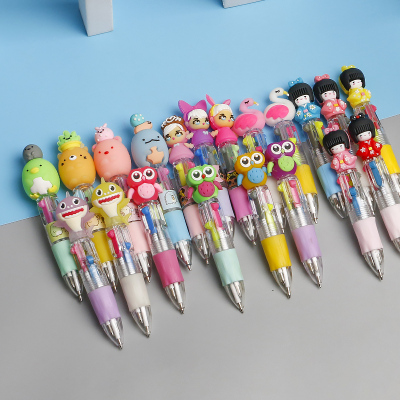 Cute Cartoon Mini Four-Color Ballpoint Pen Silicone Short Pen Easy to Carry 4 Color Pen Student Journal Multi Color Pen Crayon