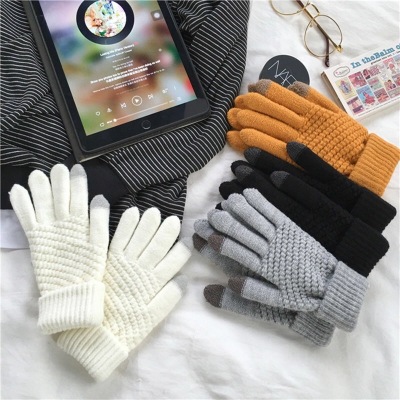 Gloves Ins Winter New Women's Wool Knitted Touch Screen Student Cute Warm Riding Cold-Proof Knitting Wool Gloves