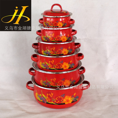 Factory Foreign Trade Enamel Binaural Stew Pot 6-Piece Enamel Red Enamel Bowl Soup Pot Enamel Ware Series 676