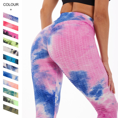 Amazon European and American Yoga Clothes Sports Fitness Jacquard High Waist Peach Hip Lift Leggings Tie Dye Bubble Yoga Pants
