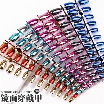 Cross-Border New Arrival 24 PCs Box-Packed Electroplating Nail Art Removable Mirror Fake Nails Finished Product with Jelly Paste Nail Sequins