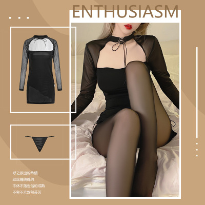 Ruoruo Sexy Lingerie Sexy Dew Seduction Net Stand Collar Retro Side Slit Cheongsam Uniform Suit 594