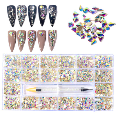 Cross-Border Hot Sale 21 Grid Boxed Manicure Fittings Glass Flat-Bottomed Fancy Shape Rhinestone DIY Rhinestone Nail Beauty Ornament Set