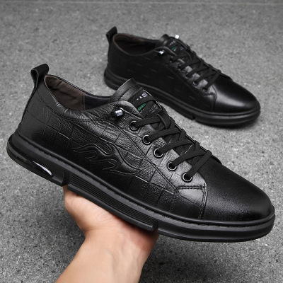 Genuine Leather Black Sneakers Men's Shoes Ins Trendy Shoes Autumn New Top Layer Cowhide Print Casual Leather Shoes Men's Shoes