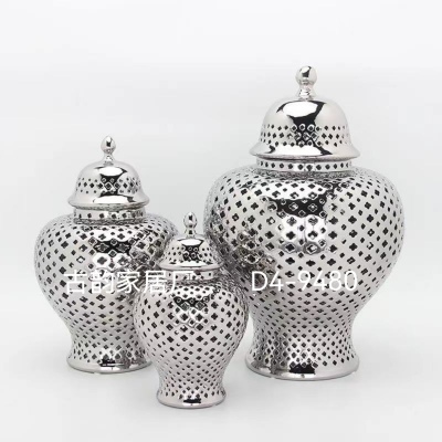 Nordic Simple Design Silver Hollow Ceramic Decoration Creative Hollow Vase Temple Jar Decoration
