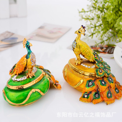 Cross-Border E-Commerce Peacock Metallic Jewelry Box Painted Inlaid Enamel Crafts Decoration Japanese Peacock Manufacturer
