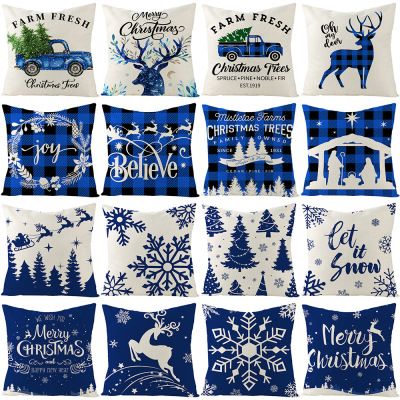 Blue Christmas Pillow Cover Amazon Cross-Border Linen Printing Christmas Elk Pillow Home Sofa Cushion Cover