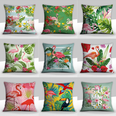 Home Cotton Printed Pillow Fashion Fresh Ins Red Flowers and Green Leaves Bedroom Living Room Flamingo Pillow