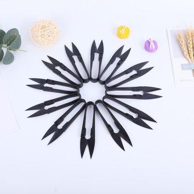 In Stock Wholesale High Carbon Steel Black Plastic Handle Cross Stitch Thread End Scissors Household Tailor Small Scissors U-Shaped Scissors Scissors