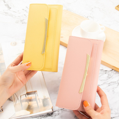 Fresh Wallet Female Long and Simple Thin Two Fold Large Capacity Multiple Card Slots Student Solid Color Zipper Coin Purse Female