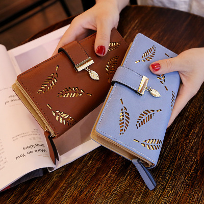 2018 New Ladies' Purse Sweet Lady PU Leather Horizontal Zipper Women's Mid-Length Hollow Leaf Coin Purse