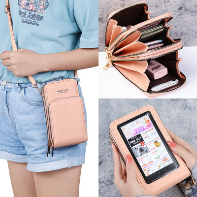 Factory Direct Sales Women's Wallet Solid Color Small Crossbody Bag Touch Screen Three-Layer Mobile Phone Mid-Length Summer All-Matching Coin Purse